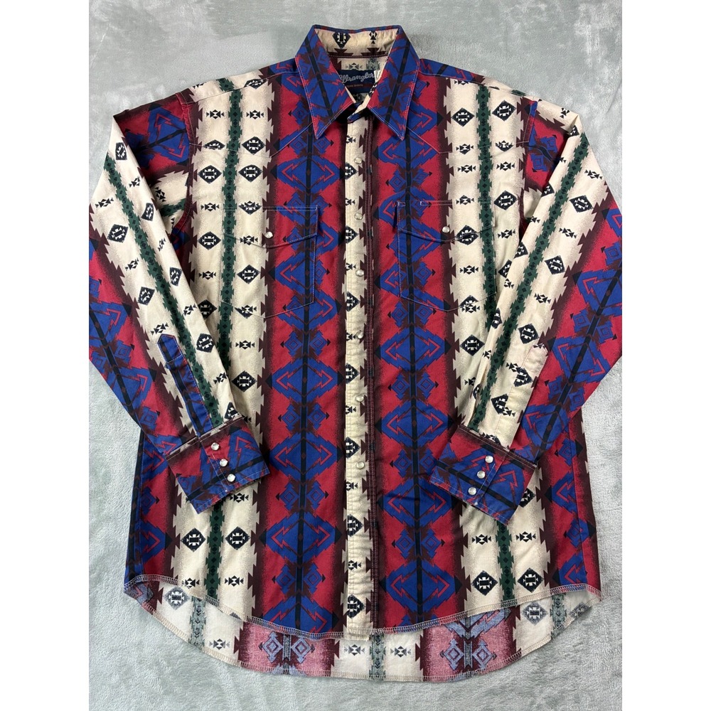 Wrangler Western Shirt Mens Large Red Blue Aztec Geometric Pearl Snap MC3251A